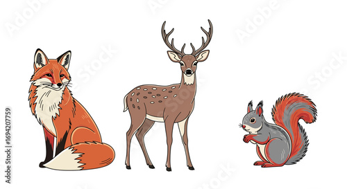 Illustration of a fox, deer, and squirrel standing together in a forest setting, showcasing wildlife and nature