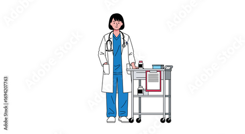 Illustration of a female doctor in a lab coat standing beside a medical cart with supplies and equipment in a clinical setting