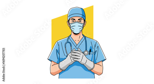 Illustration of a healthcare professional in scrubs, mask and gloves stands confidently with a stethoscope, ready to provide care