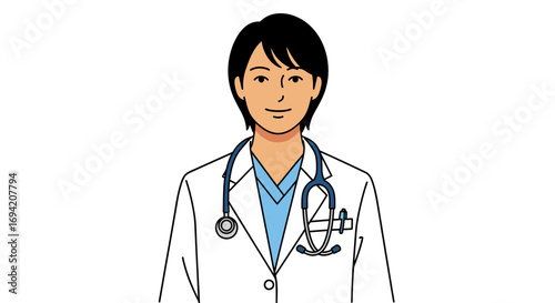 Illustration of a smiling doctor in a white coat with a stethoscope, exuding confidence and professionalism in a medical setting