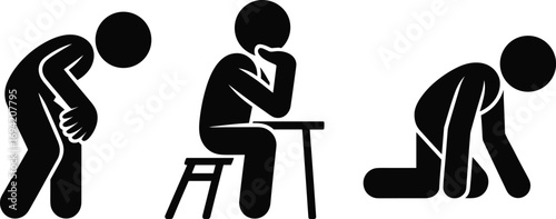  Silhouette stick figure icons of tired exhausted person, man thinking at desk, depressed kneeling pose, stress, fatigue, burnout concept vector illustration