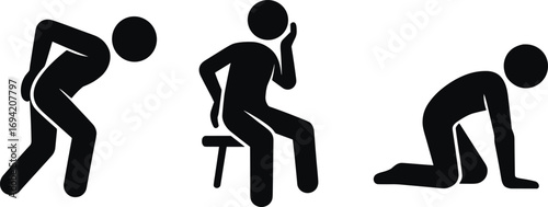  Silhouette stick figure icons showing person with back pain, man sitting and thinking, individual kneeling exhausted, stress, fatigue, depression concept vector illustration