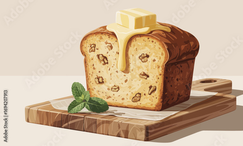 Loaf of walnut bread with melting butter on a wooden board offering a homely and comforting image of baked goods and simple pleasures