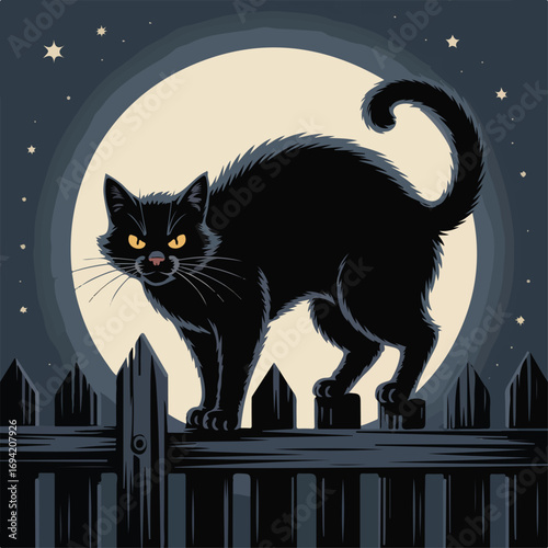 Spooky Black Cat Silhouetted Against Full Moon
