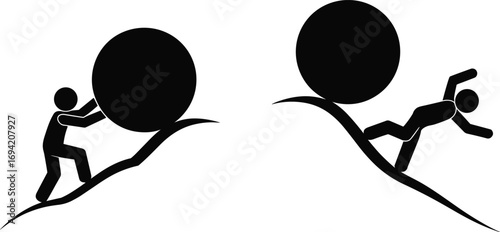 Silhouette stick figure person pushing heavy boulder uphill and struggling under weight, symbol of hard work, challenge, perseverance, motivation, business obstacle concept illustration