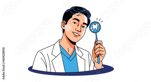 Smiling dentist in lab coat holding dental mirror showing tooth health and hygiene in a vector illustration