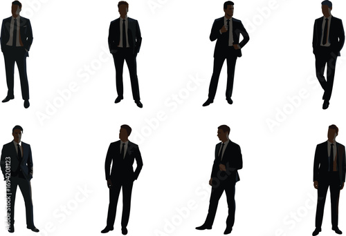 Silhouette vector illustration of business men in formal suits, professional male figures, corporate fashion style, executive poses, office people design concept