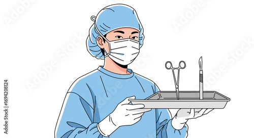 Surgeon holding surgical instruments on tray wearing mask and cap in operating room, professional healthcare, safety first