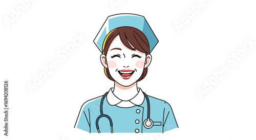 Smiling nurse with stethoscope in blue uniform expresses positivity and care, a symbol of healthcare and professional service