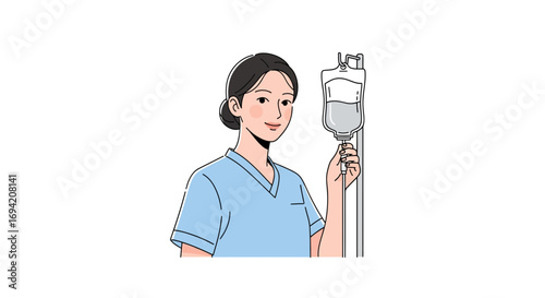 Smiling nurse adjusting IV drip, vector illustration of healthcare professional with infusion equipment in hospital setting
