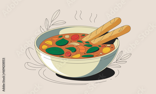 Vector illustration of a bowl of steaming vegetable soup with fresh basil and two baguette slices on a beige background