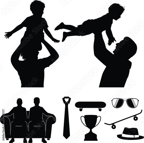 Silhouette vector illustration of father and child moments, family love, parenting, fatherhood activities, lifestyle objects, bonding, father’s day design concept