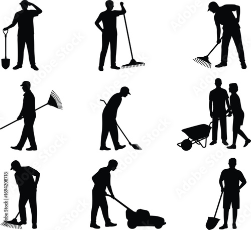 Silhouette vector illustration of gardeners working with tools, lawn care, raking leaves,  