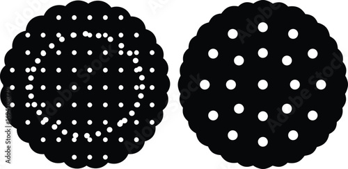 Two round cookies with contrasting white dot patterns offer a simple, design