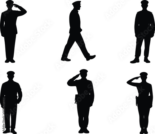 Silhouette vector illustration of military soldiers saluting and standing in uniform, army officer respect pose, discipline, honor, duty, service, patriotic design graphic