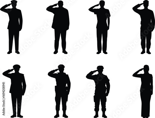 Silhouette vector illustration of military soldiers and officers saluting in uniform, representing discipline, respect, honor, armed forces service, patriotism, and national duty