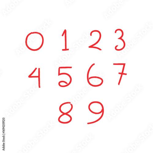 Hand drawn numbers 0 to 9, red handwritten digits set, doodle sketch style numeric symbols, simple counting illustration, educational math design, isolated on white background for learning and graphic