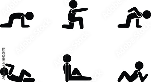 Silhouette vector illustration of people doing fitness exercises, workout positions, stretching, training movements, physical activity icons, healthy lifestyle sport activity collection