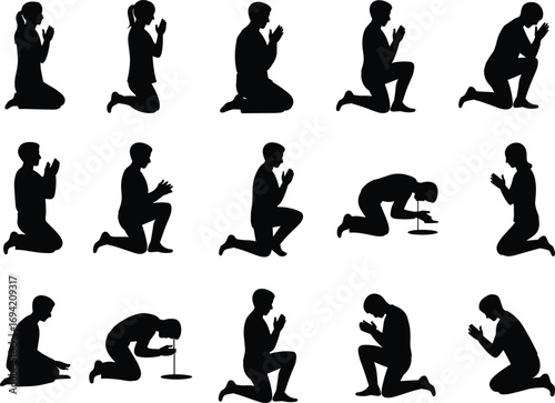 Silhouette vector illustration of people praying in different kneeling positions, religious devotion concept, spirituality graphic, meditation posture, worship design, faith symbol