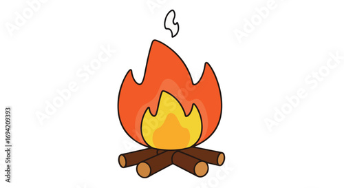 Cheerful cartoon campfire icon against a white backdrop radiates warmth and joy, embodying outdoor recreation and the cozy ambiance of nature