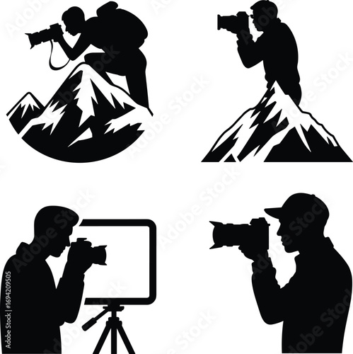 Silhouette vector illustration of photographers with camera, mountain landscape, outdoor adventure photography, professional tripod setup, creative people capturing nature and travel moments