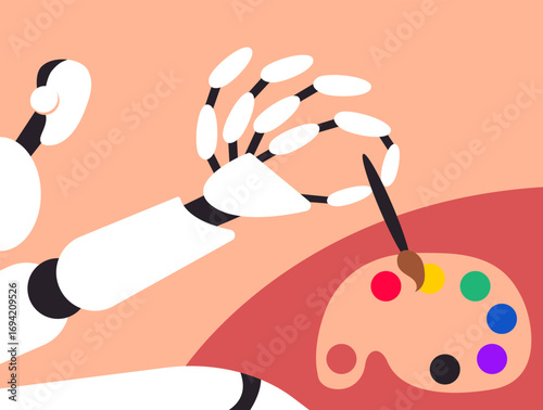 AI Robot Hand Painting with Brush and Palette. Artificial Intelligence in Art and Creativity Concept. Flat Vector Illustration.