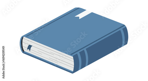 Isometric illustration of a closed blue book with white bookmarks conveying knowledge literature and information access in publishing