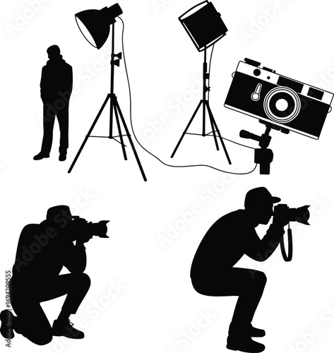 Silhouette vector illustration of photographers with camera, studio lighting equipment, professional photo session, photography concept design, black graphic artwork for creative stock content