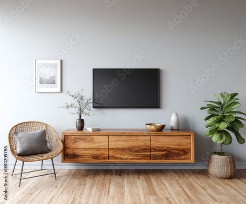 A modern living room features a light gray wall, a wooden entertainment center, and a wicker chair, creating a peaceful and stylish atmosphere.