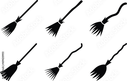 Silhouette vector illustration of traditional and witch brooms, cleaning tools, Halloween decoration, household broomstick design, vintage rustic style, magic flying broom concept