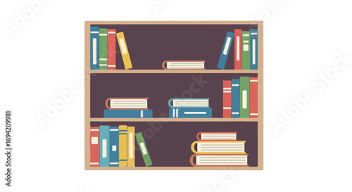Colorful bookshelf illustration showcasing a diverse collection of books in a cozy and organized manner, a study place and a reading moment