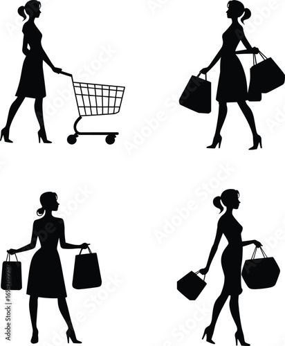 Silhouette vector illustration of women shopping with bags and cart, fashion female shopper design, retail consumer lifestyle, stylish lady carrying purchases