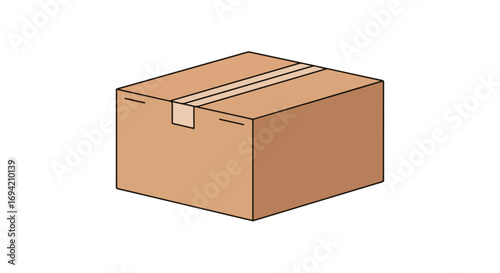 Isometric illustration showcasing a sturdy sealed cardboard box ready for shipping and storage with thick black outline over the white background