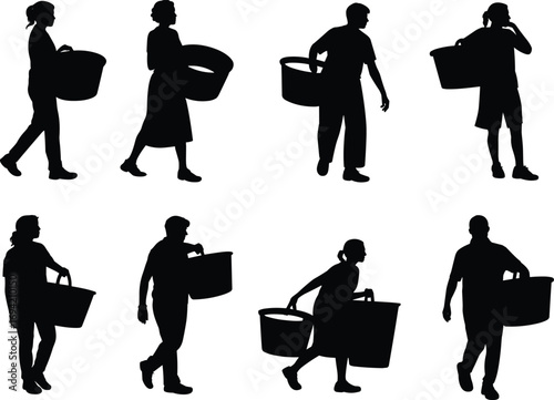 Silhouettes of men and women carrying baskets, people in daily activities, hardworking lifestyle, community, teamwork, labor, rural, and urban life illustration
