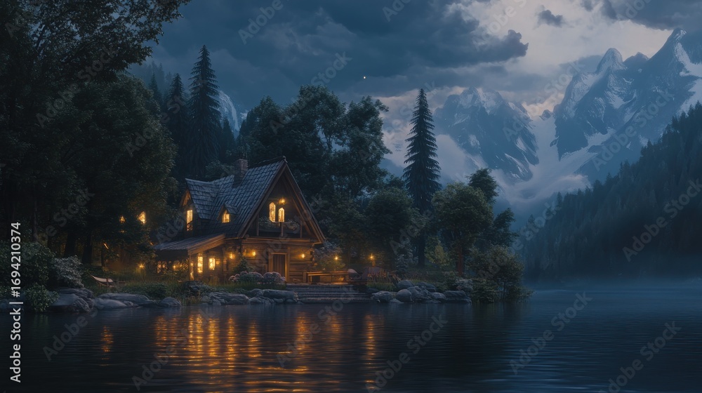 Fototapeta premium Idyllic lakeside cabin glowing against a dramatic mountain backdrop under a twilight sky