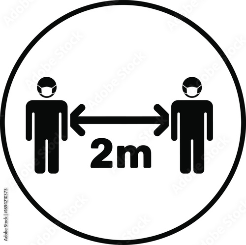 Social distancing sign with two people wearing masks, maintain 2 meter distance, safety health precaution icon vector for pandemic, coronavirus, covid-19 guidelines