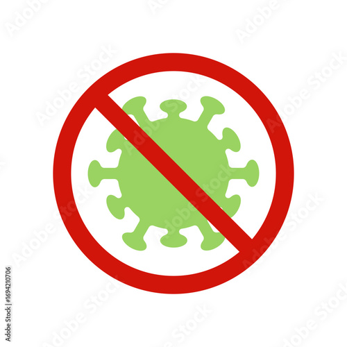 No virus icon for restriction and prohibition design. Germ ban illustration for health and medical safety concept. Simple microorganism symbol isolated with red circle on white background