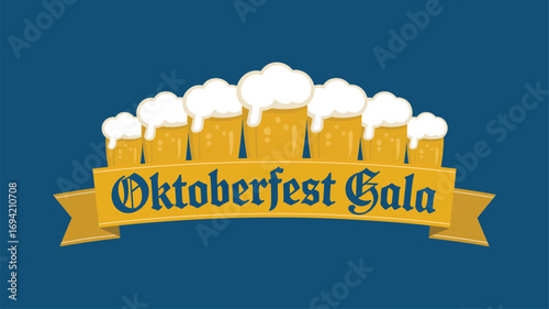 Illustration of oktoberfest gala with beer mugs and banner on a blue background design event poster
