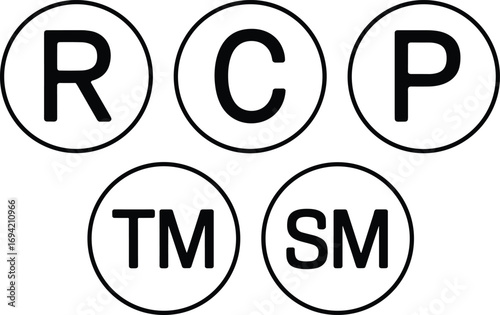 Trademark copyright registered patent service mark symbol vector illustration, intellectual property protection icons, legal rights design, brand identity, law regulation concept