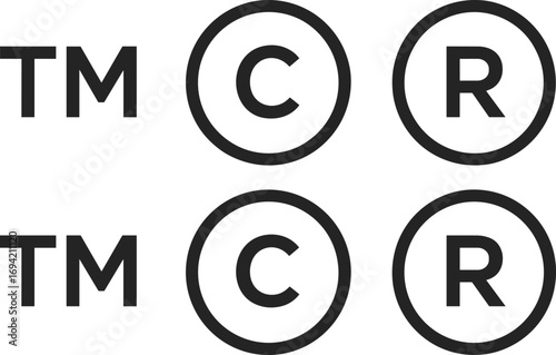 Trademark, copyright, and registered symbol vector illustration, intellectual property protection icons, legal rights, brand ownership, logo security, business identity, design graphic elements