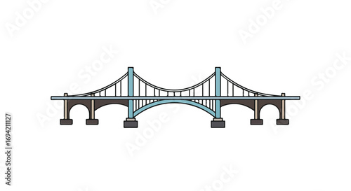 Architectural rendition showcasing a simplified suspension bridge design on white backdrop illustration spanning a considerable distance