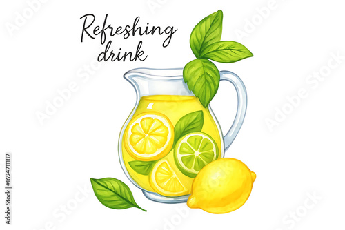 Watercolor illustration of lemonade in a jug