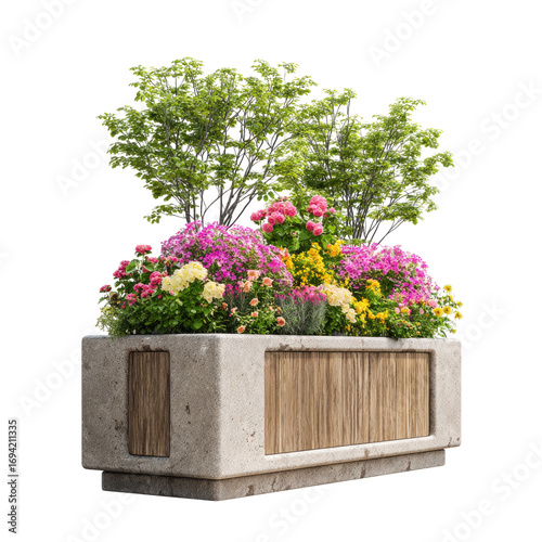 Modern City Planter with Trees and Colorful Flowers Isolated on Black