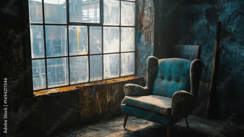 Fototapeta premium Sunlit Chair In an Abandoned Industrial Room with a Grungy Window