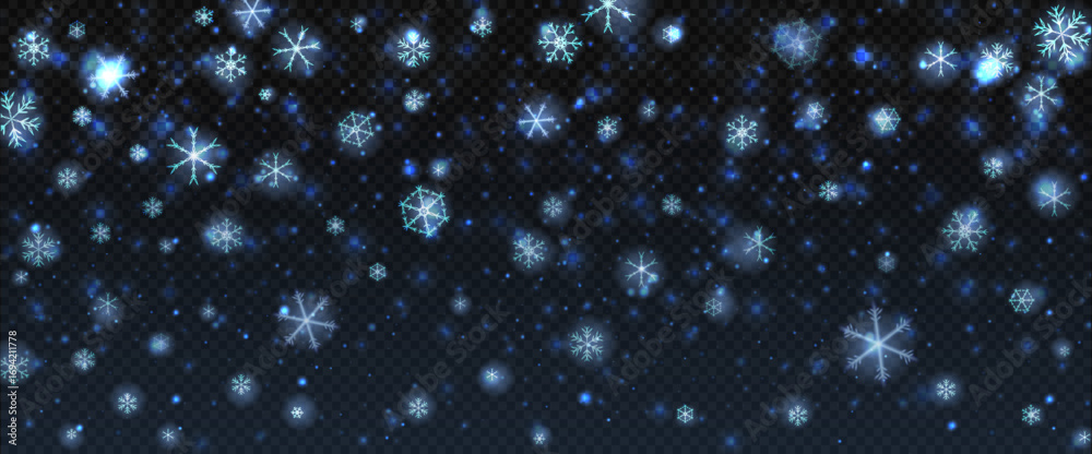 Obraz premium Realistic vector illustration of falling snowflakes with bokeh light effect on transparent background. Winter holiday and Christmas overlay for decoration, texture, poster, cover, or festive