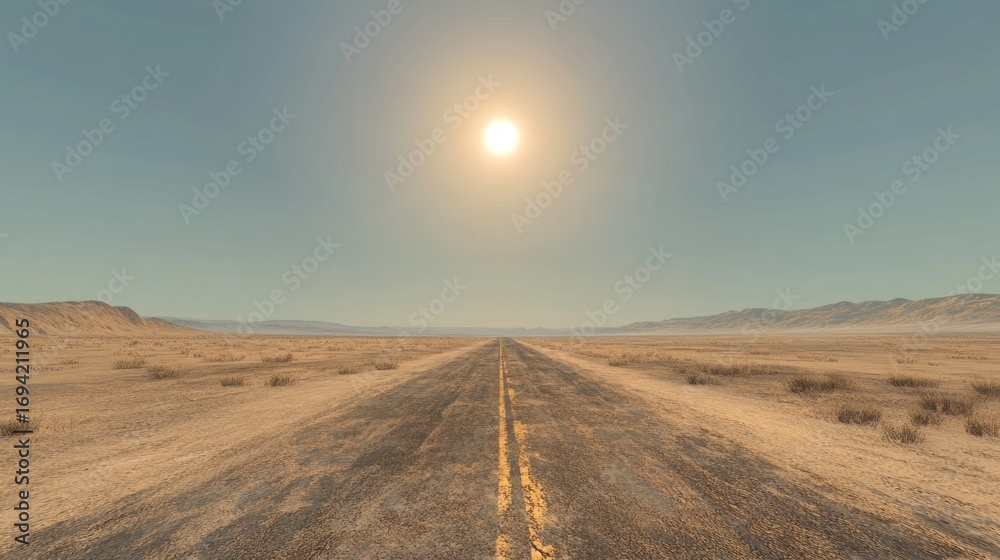 Naklejka premium Endless desert highway under a hazy sun offers a sense of desolation and distance