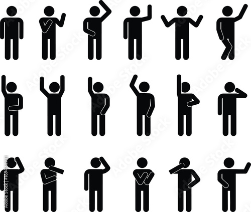  Vector illustration of stick figure people showing different hand gestures, arm positions, waving, pointing, greeting, body language, communication, silhouette icons for design