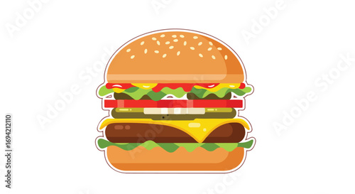 Colorful Cartoon Burger Illustration with Fresh Toppings and Sesame Seed Bun on a White Background Vector Graphic Representing Fast Food