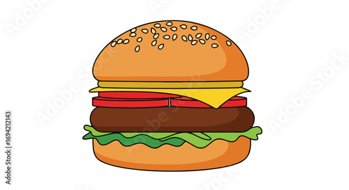 Detailed illustration of a burger, showcasing layers of lettuce, tomato, patty, cheese, and a sesame seed bun against a white background