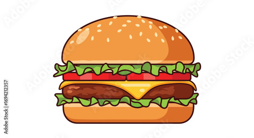 Detailed cartoon illustration of a classic cheeseburger with fresh ingredients in vibrant colors and appealing vector art